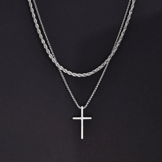Mens Cross Necklaces, Stainless Steel Layered Plain Cross Pendant, Rope Box Chain Necklace, Simple Prayer Jesus Collar